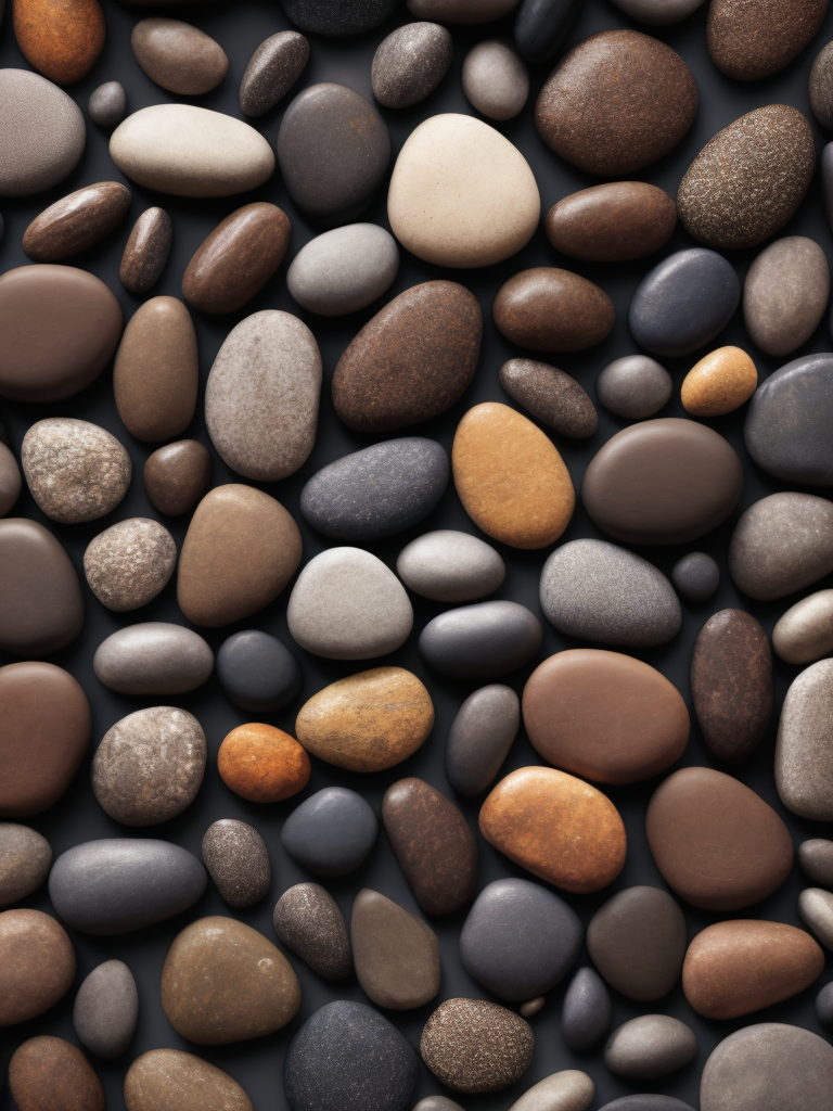 Texture of stones, pattern, background, top view, organic texture, seamless texture, scattered stones, gray and brown colors, deep colors, contrast lighting, voluminous stones, stones lie on top of each other, closely stacked stones