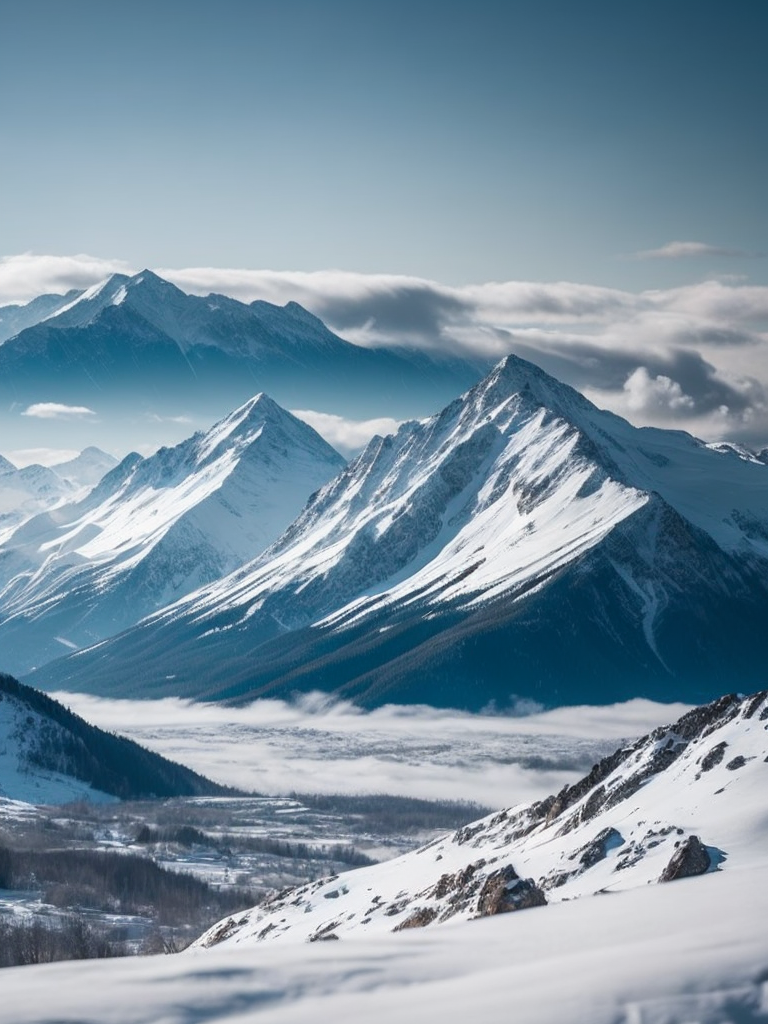Breathtaking view of a snowy mountain range, with crisp clear air and a brilliant blue sky, serene, peaceful, majestic, high detail, winter landscape