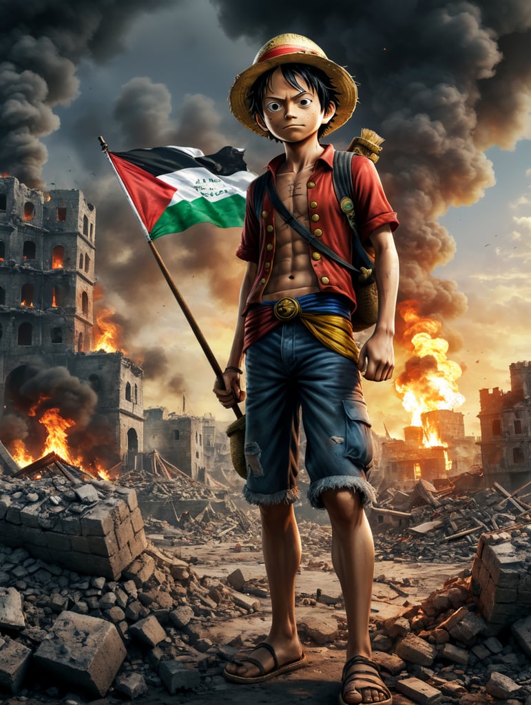 Luffy One Piece Solidarity with Palestine, City Ruins, Palestinian Flag, Smoke and Destruction, Cinematic, epic detail, tracing detail