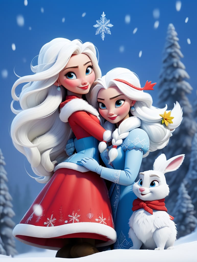 New year's card, Santa Claus and Snow Maiden, rabbit, deere, by Justin Gerard and Greg Rutkowski