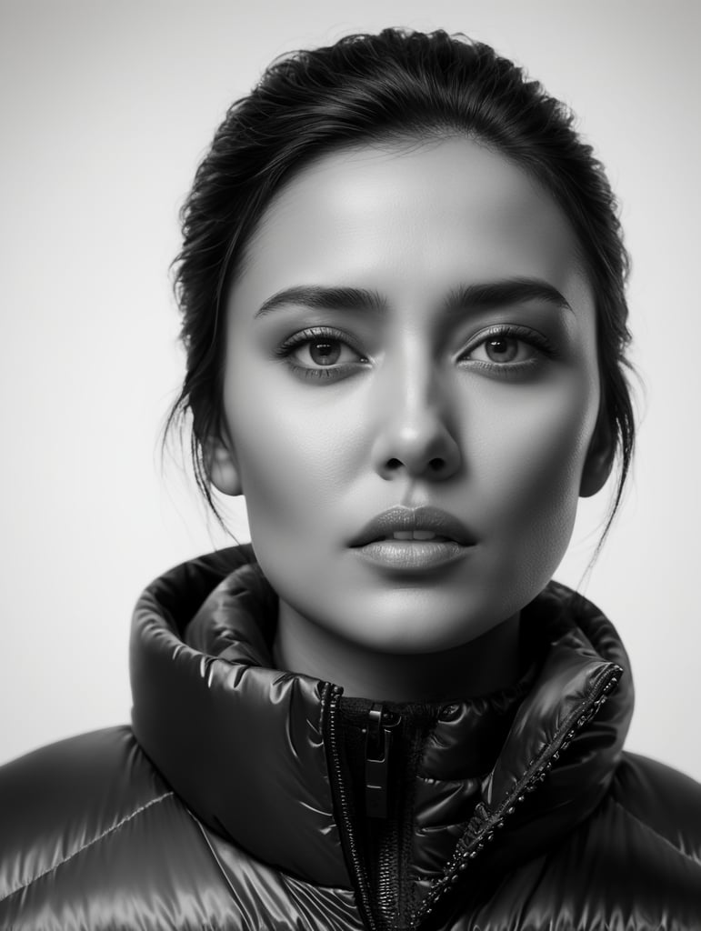 A black and white portrait of a women designer wearing a glossy down jacket looking on camera
