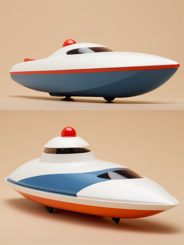 Toy chubby 1950s high speed racing boat designed by Dieter Rams. Simplistic minimalist post modernist product design. Oak top and injection molded plastic. Full object in view.