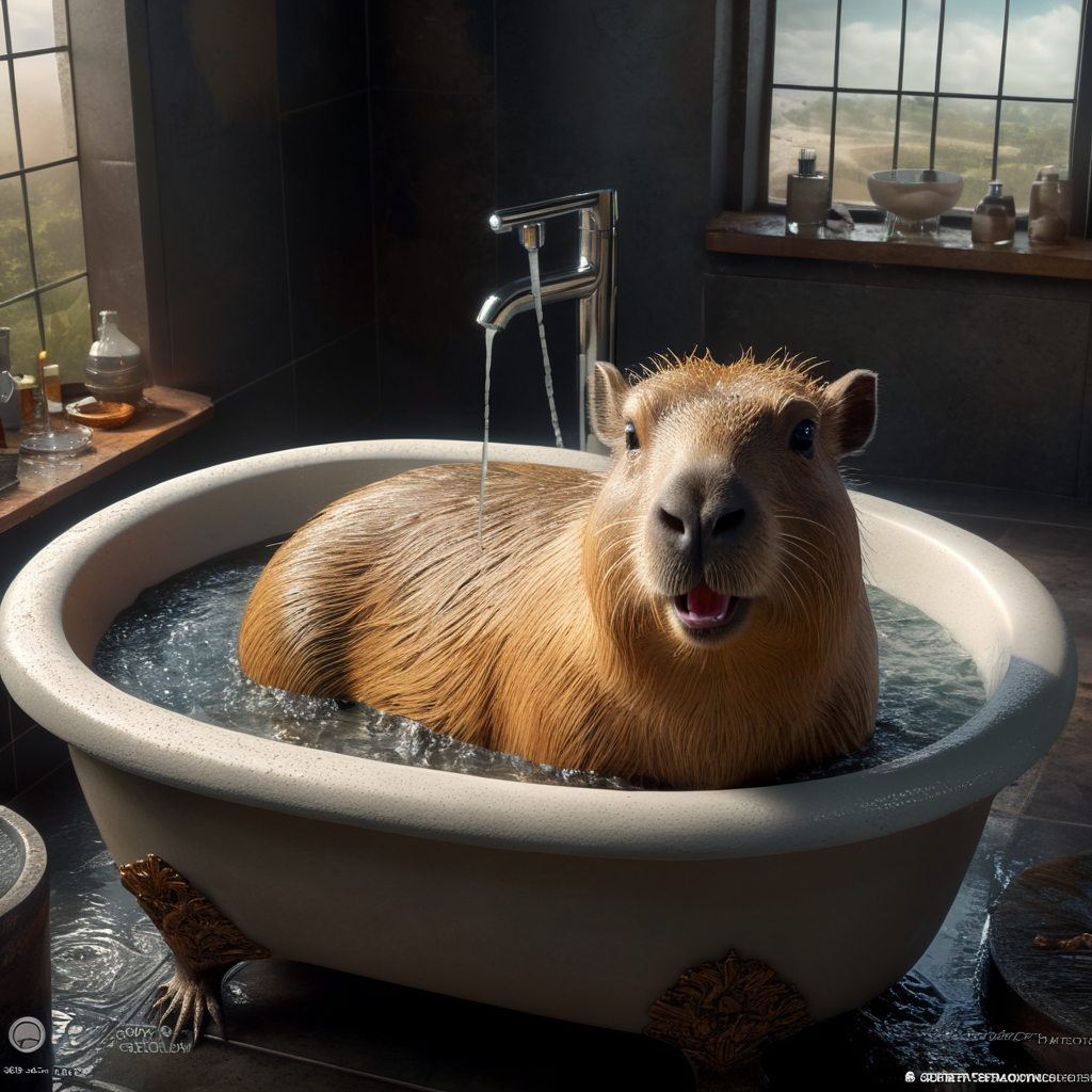 Capybara in bath with foam