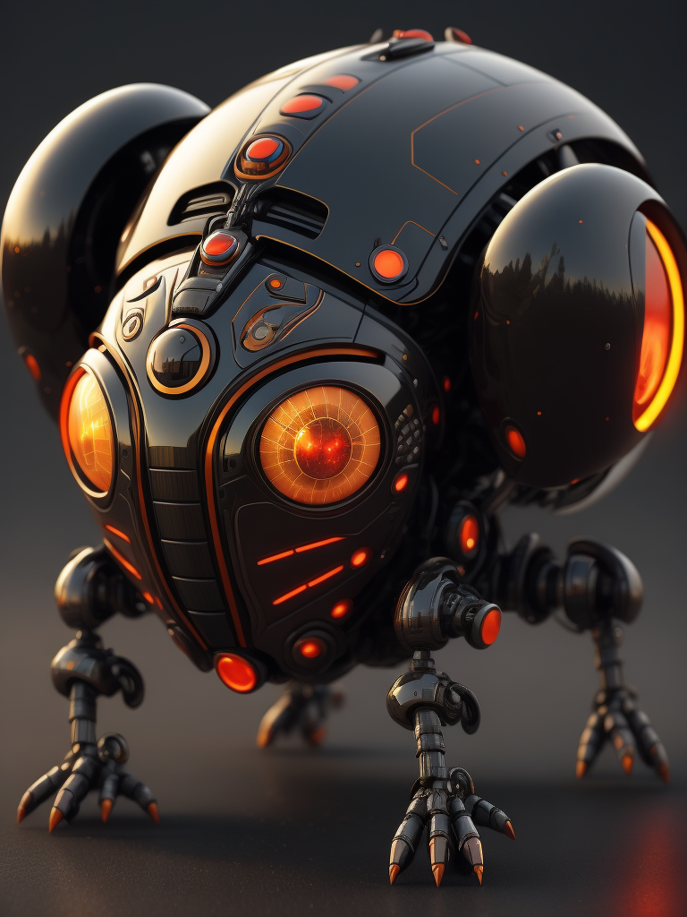 3d cybernetic ladybug robot, shiny materials, carbon fiber, internal red led lights