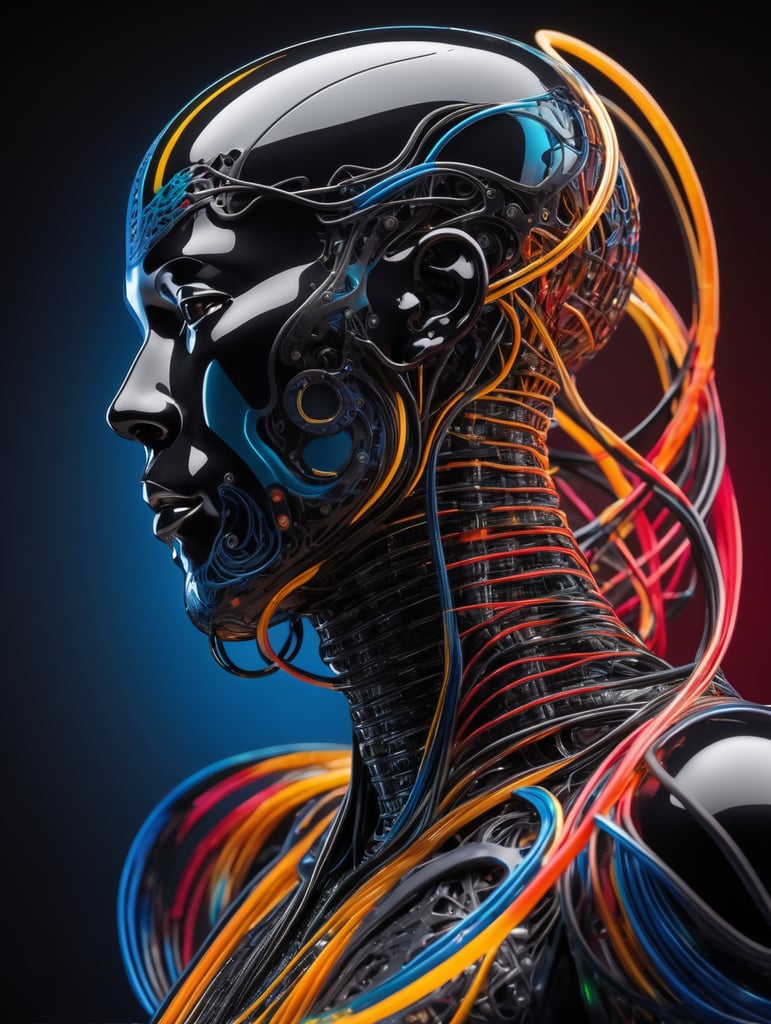 iseneld + abstract biomechanic humanoid dynamic pose portrait made of matte transparent rubber, smooth carbon fibre skin, circuits and sinuous wires, liquid shapes + vibrant color palette, biomorphic, minimalism, surrealism, dither + art station