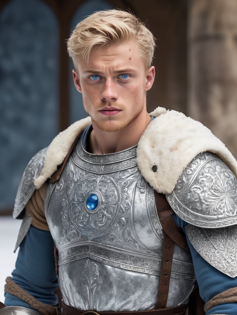 portrait of a 20 year old blonde male with blue eyes and icy cold expression with a burn scar on the right side of his face and muscular lean physique wearing a 16th century tunic