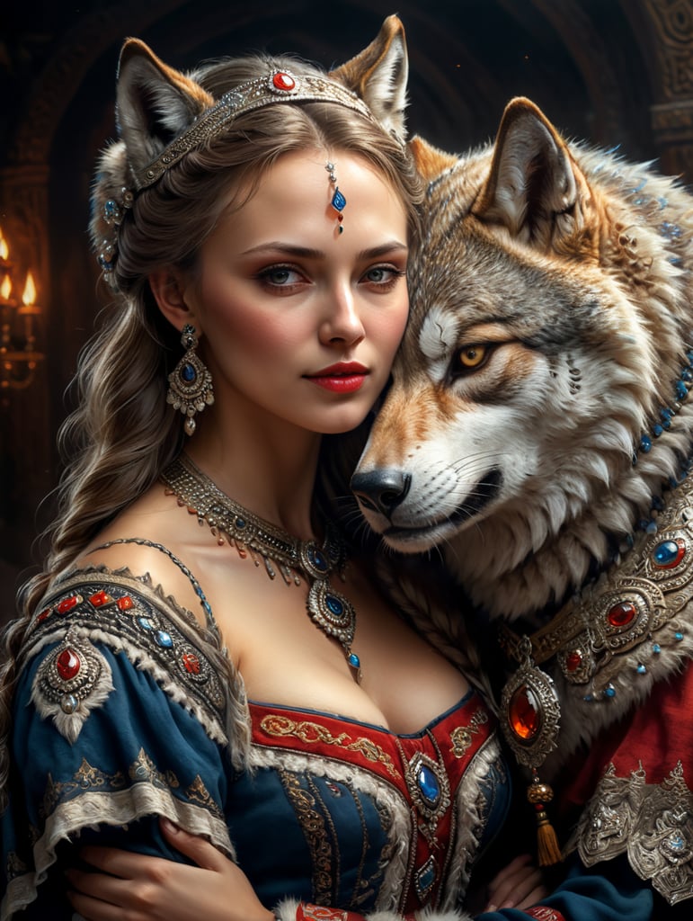 Portrait of a Beautiful women from Russian fairytale wearing traditional costume hugging a wolf