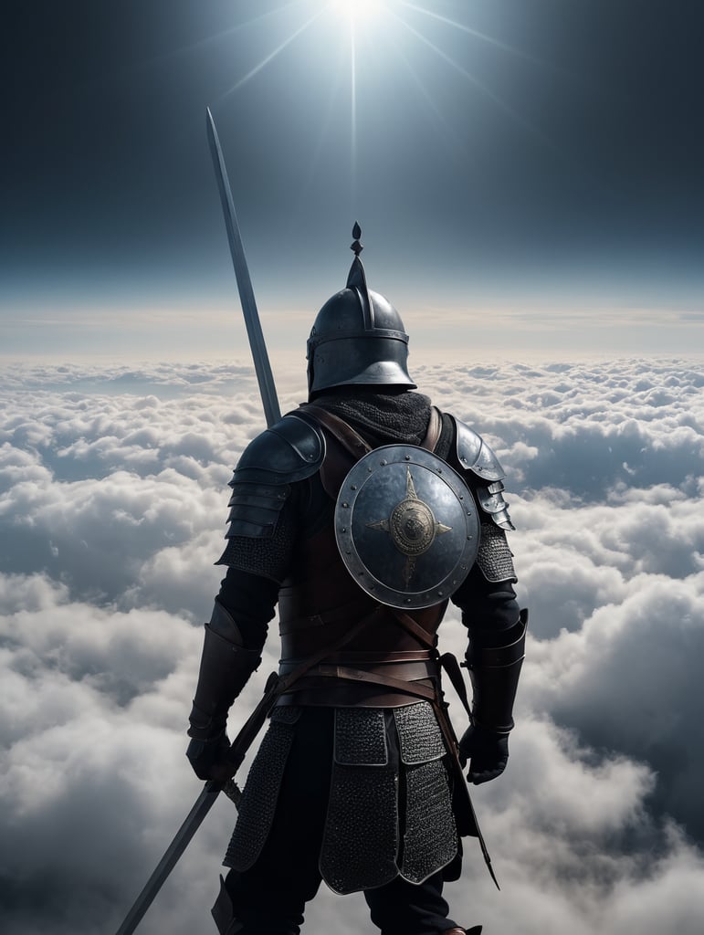 Medieval warrior in the helmet raising his sword above the clouds, walking in the sky above the clouds, super realistic, full-size warrior, detailed, dramatic lighting