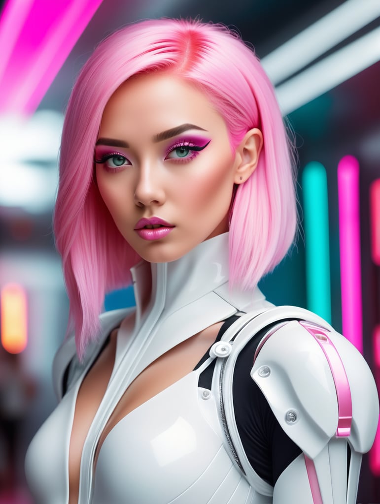 An hyper-realistic, beautiful pink haired female artist all white sleek futuristic outfit, details, design, clean makeup, with depth of field, fantastical edgy and regal themed outfit, captured in vivid colors, embodying the essence of fantasy, cyber, pop surrealism, minimalist, film grain, holding object.