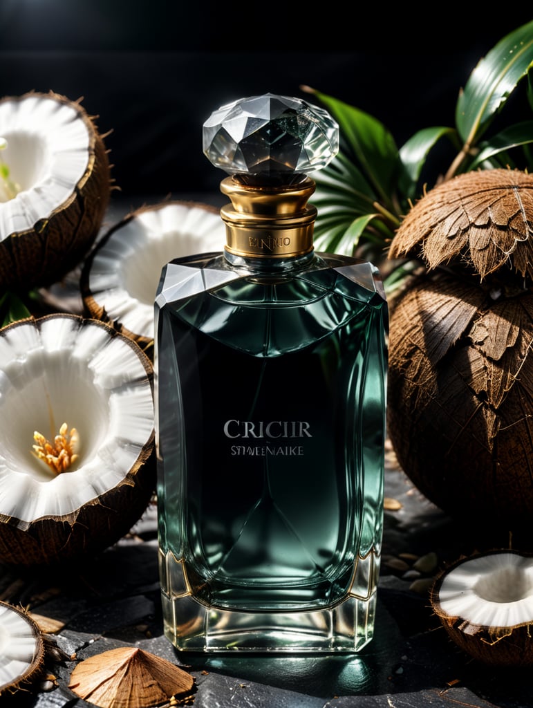 professional photography of a luxury perfume, square bottle, faceted stone in the form of a cap, surrounding a coconut, no label, clear, mockup