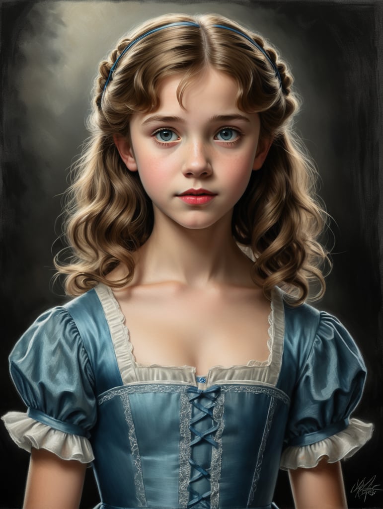 Wendy Darling, 13 yo, simple hand drawn artstyle, by F. Scott Hess, in style by 1930s photo, charcoal art