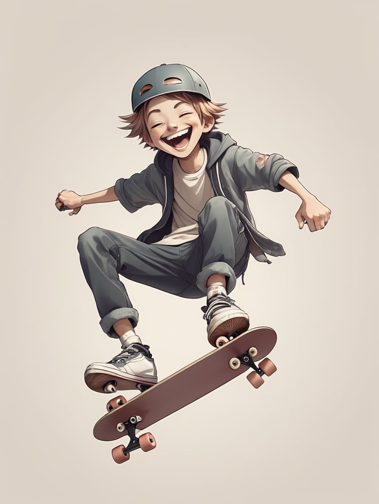 Anime skateboarder character Rolling and laughing