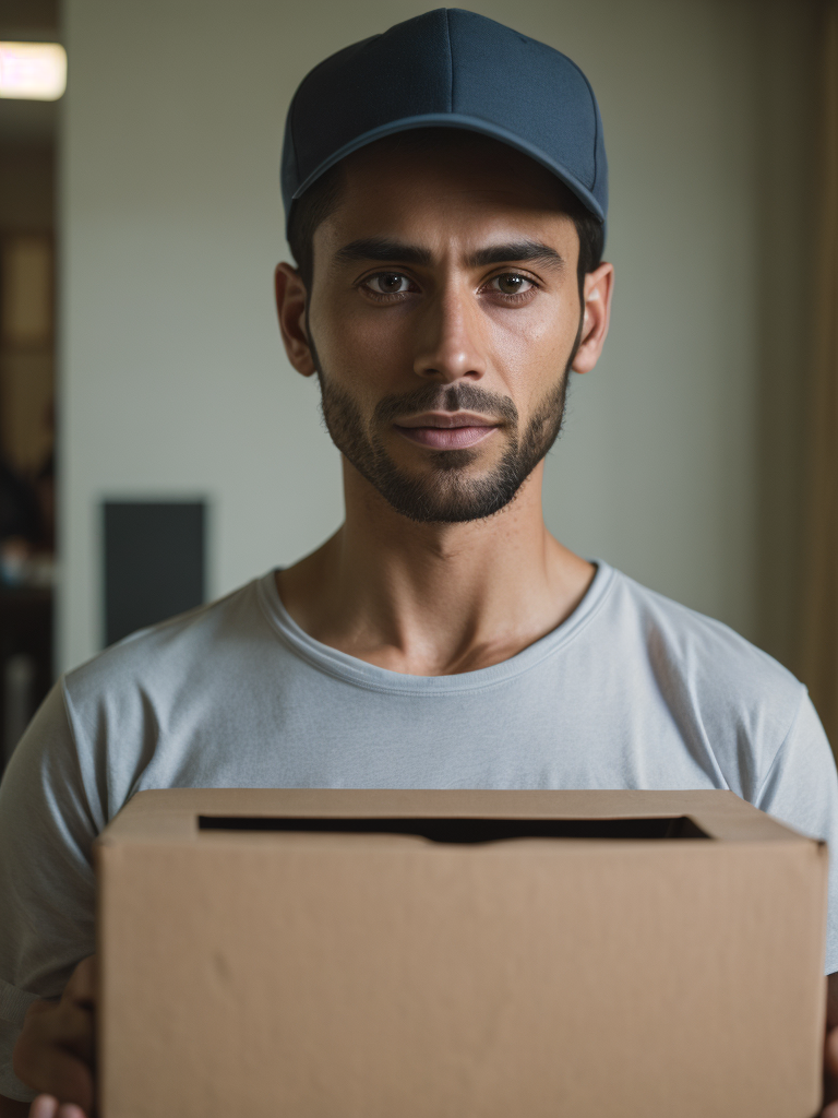 portrait of a delivery Arab man , wearing a white cap and white t-shirt, holding a box