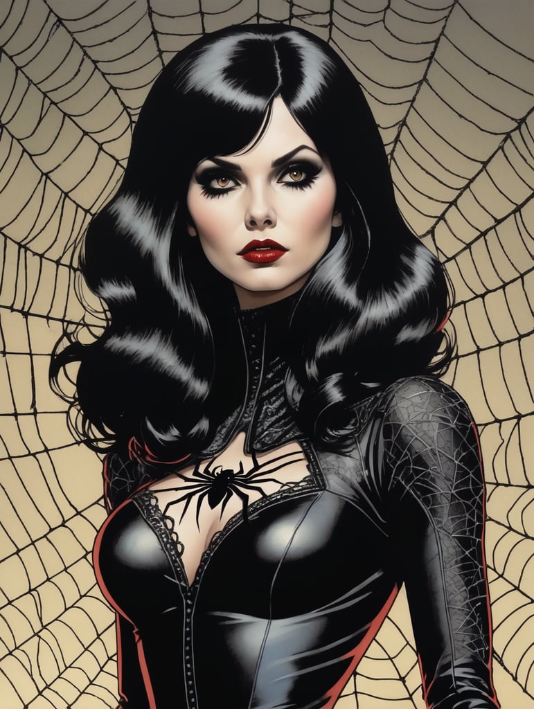 70s comic art Female vampire Goth with dark black hair with black spider web suit 70s comic
