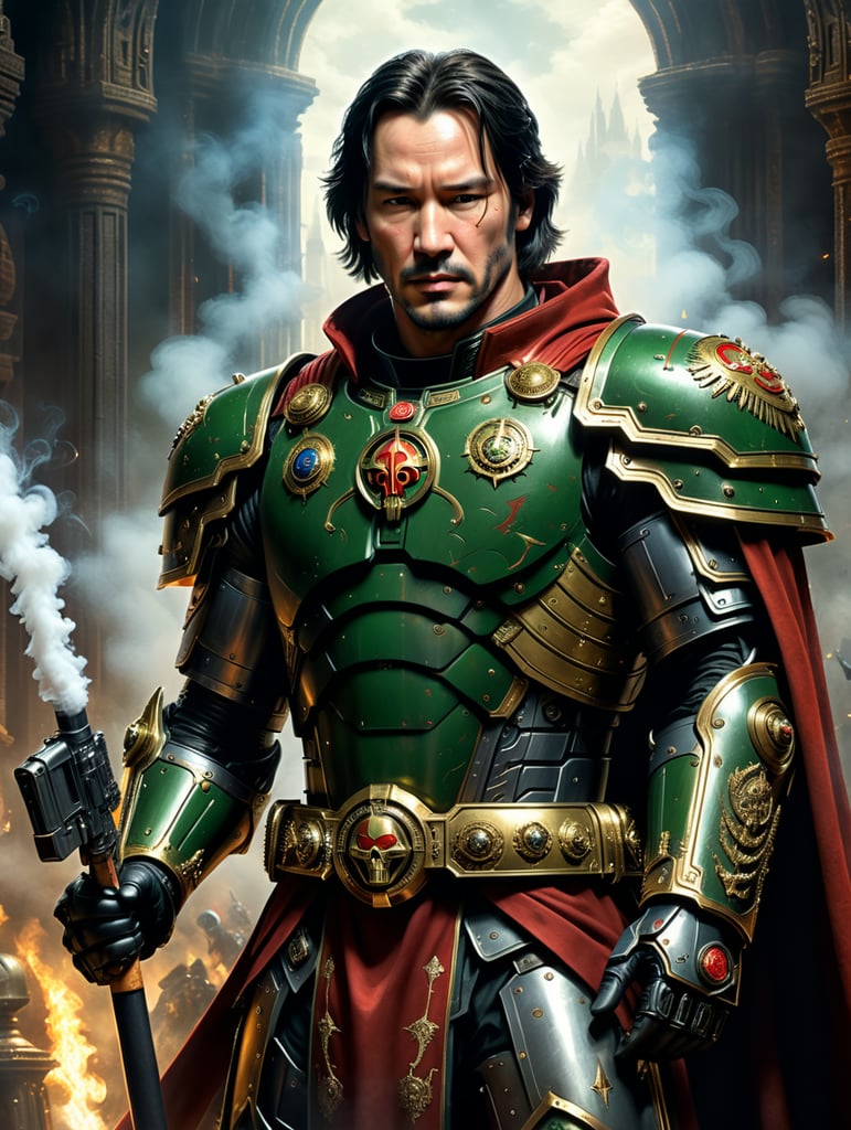 Young Keanu reeves from the 2005 Constantine Movie, but embedded in the Warhammer 40K universe, In a cool calm pose, Standing and smoking a cigarette, bolter gun strapped to his left leg. He is wearing Imperial Ecclesial robes and armor beneath them.