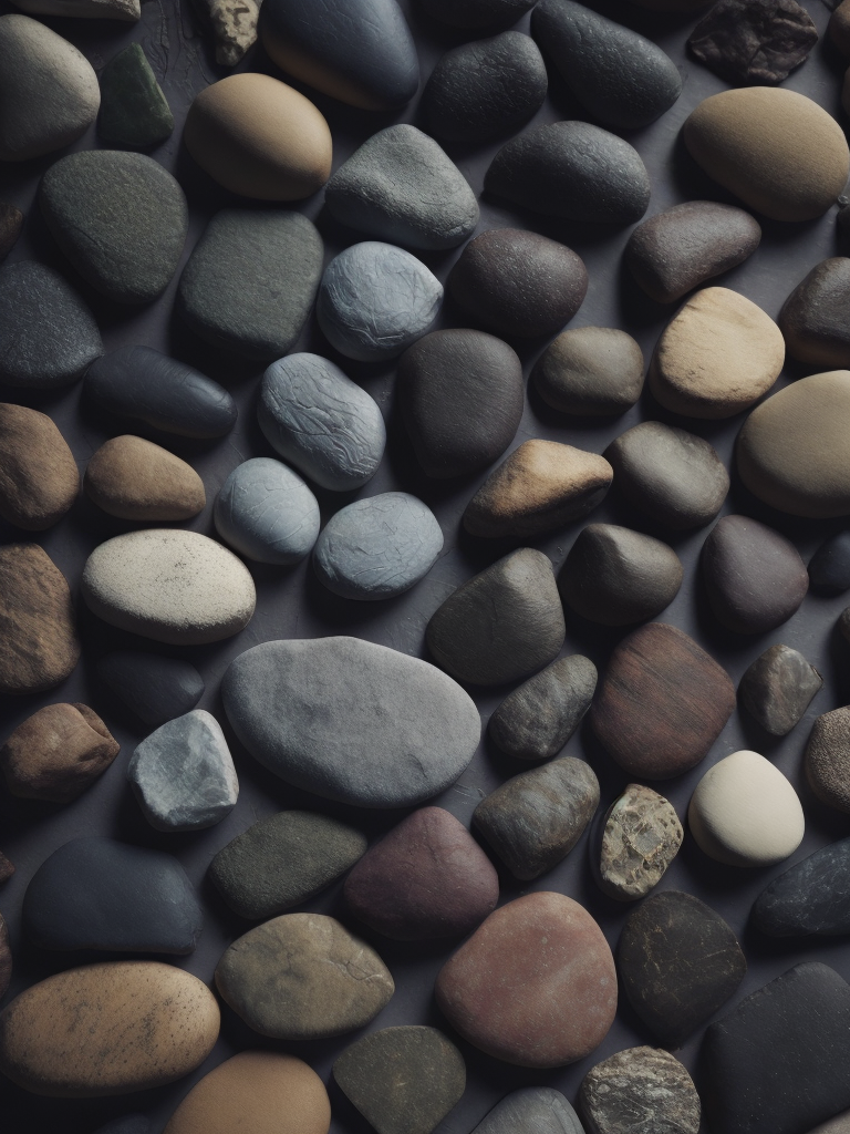 Texture of stones, pattern, background, top view, organic texture, seamless texture, scattered stones, gray and brown colors, deep colors, contrast lighting, voluminous stones, stones lie on top of each other, closely stacked stones