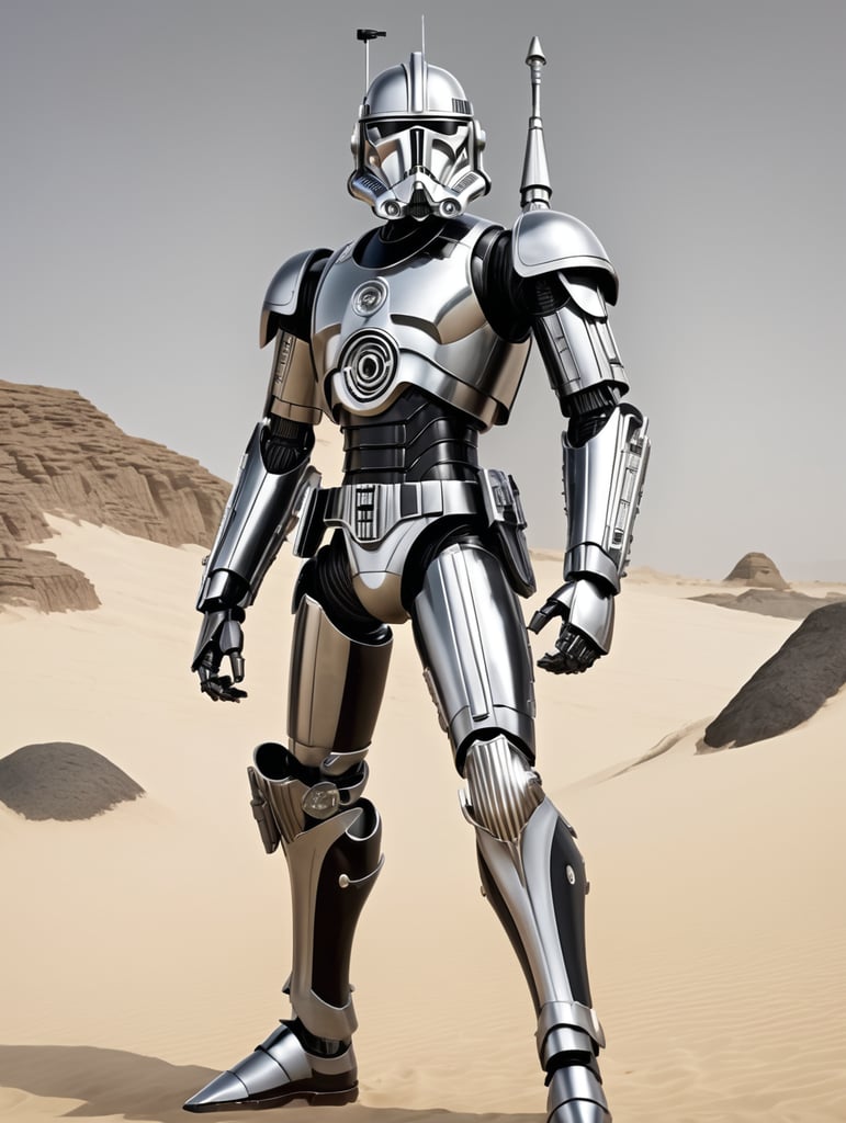 commando droid, star wars, full body, battle pose, shiny black and white armor, shiny silver light eyes