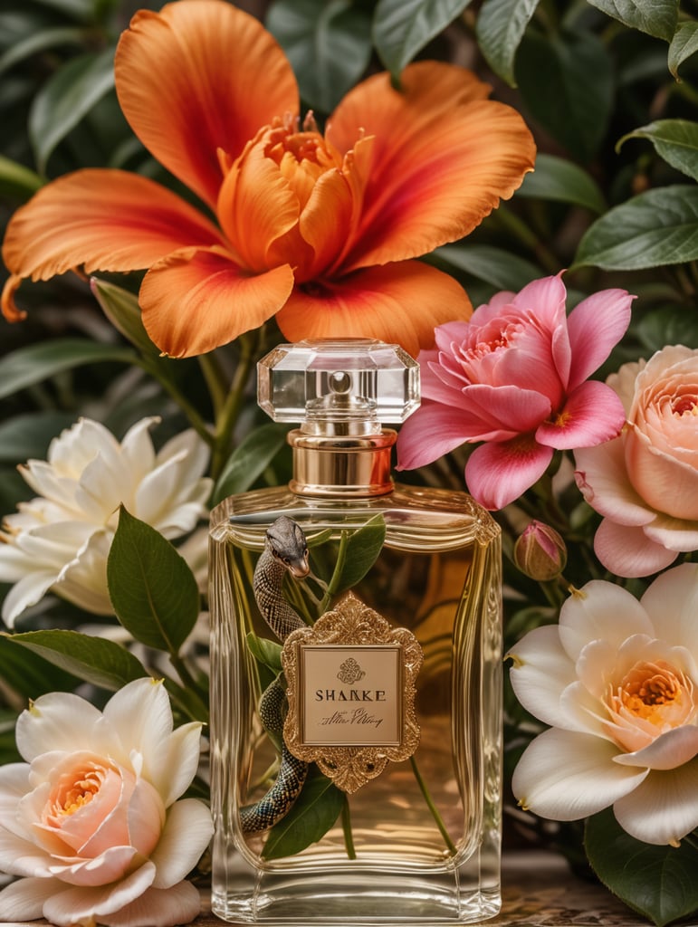 Floral background with perfume bottle with blanc label and snake wrapped around the bottle