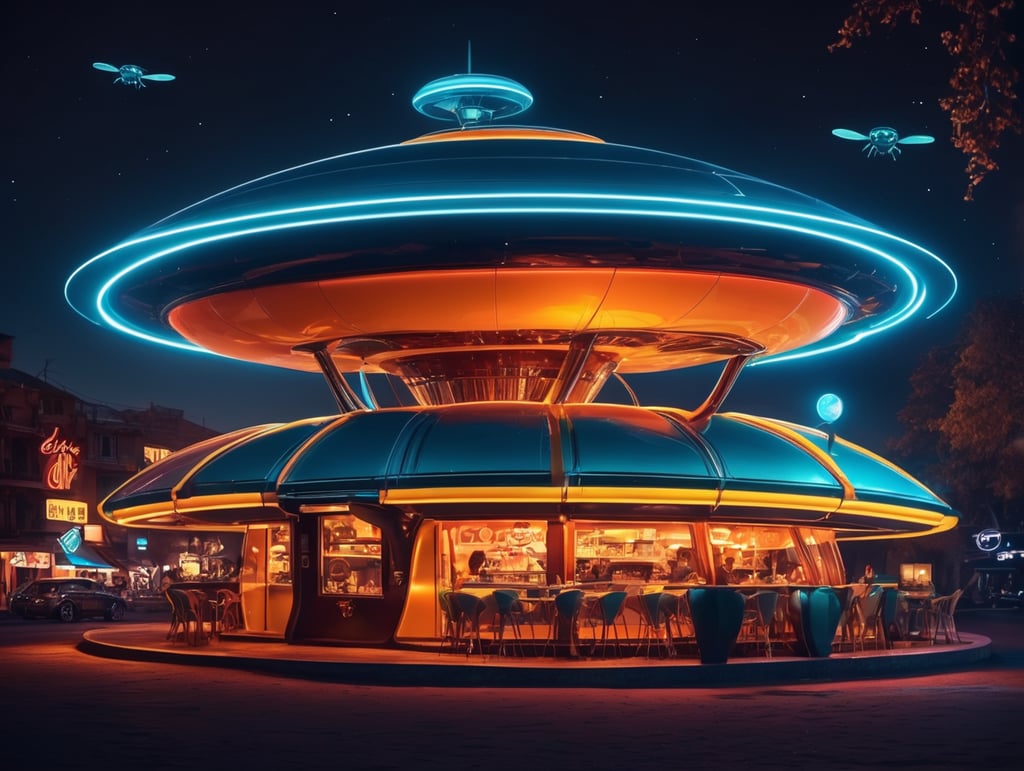 futuristic ufo cafe, mars, wasp shape, an night, neon, glass