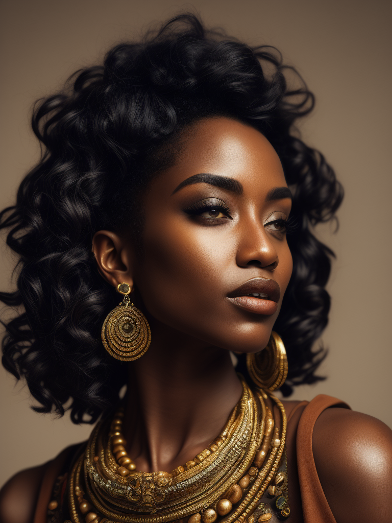 A photo of a beautiful black woman with black curly hair, big earrings, dreamy, nostalgic, fashion editorial, studio photography, magazine photography, earth tones