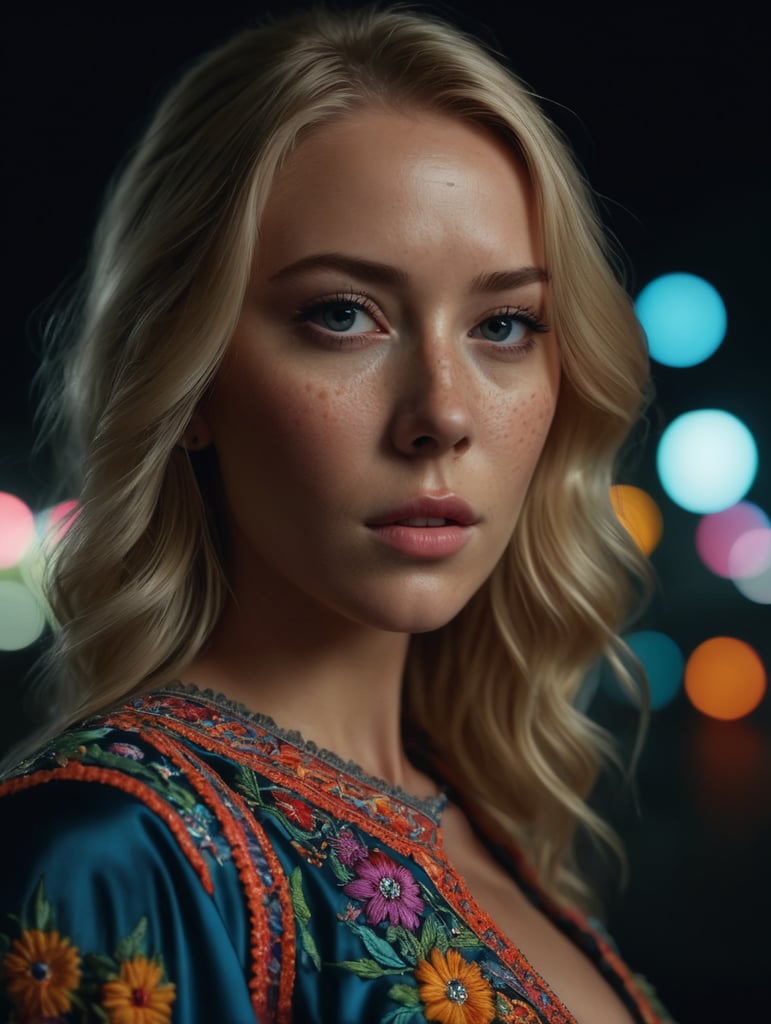 Beautiful blonde woman with freckles, wearing a colorful, vibrant, detailed embroidered dress, medium-full shot, at night