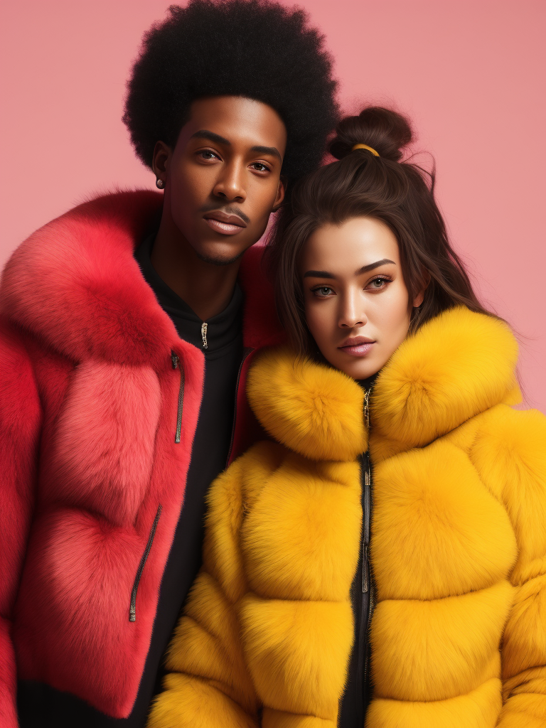 Man and women wearing a very fluffy jackets, yellow fluffy jackets, on a pink background, bright colors