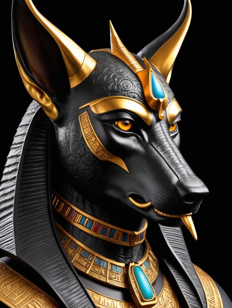 Egyptian god Anubis, portrait, hyper-realistic, dark style, focus on face, sharp on details, black background