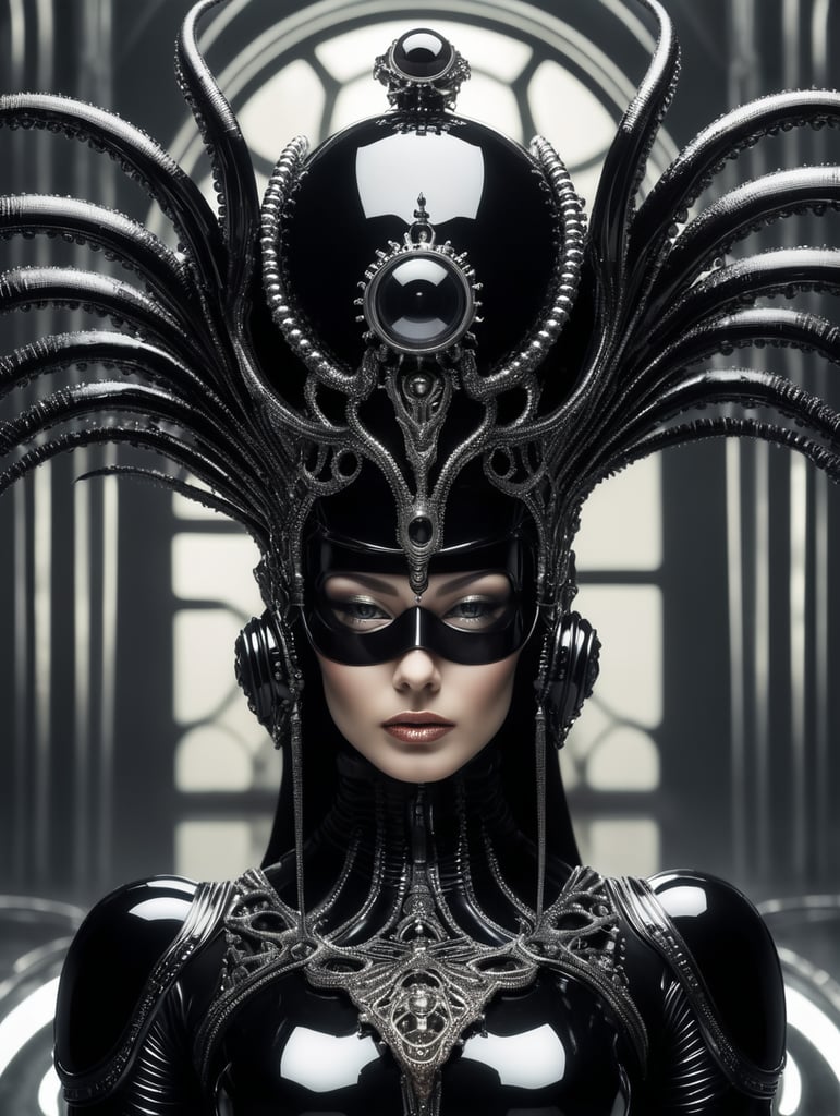 h.r. giger humanoid octoupus king-queen with crown futuristic glass black suit elegant scene futuristic glass design glass melting mask spider tiny eyes in crown mask -traslucent half mask glass vr and helmet fashion photography, sharp, small spheres floating background, editorial photography art sphere, floating, levitating, modern art, editorial photo, fashion photography