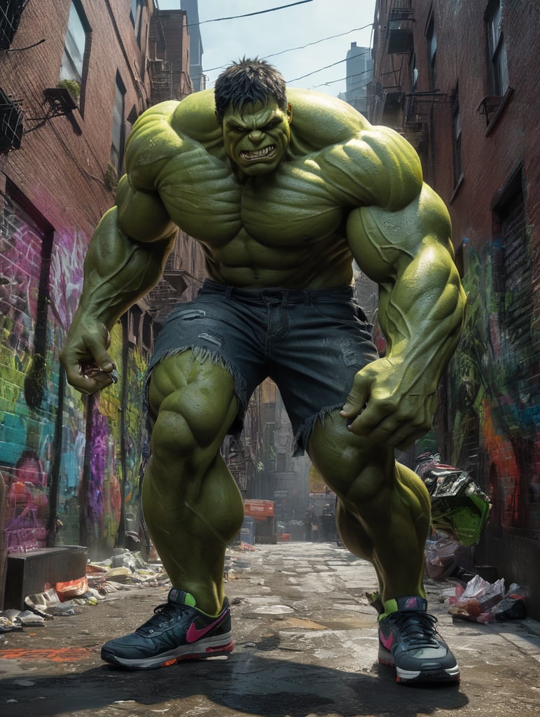 Hyper detailed hulk with nike sneakers in a new york alley with fluor graffitis