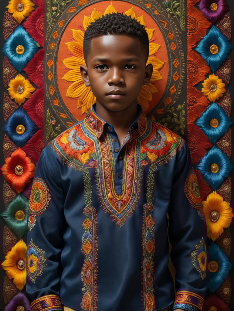 A young African boy stands proudly in his traditional embroidered shirt, surrounded by vibrant colors and intricate patterns. The 8K Ultra HD resolution captures every detail of his outfit, from the delicate stitching to the rich textures. With the use of octane render, this 3D image comes to life in a stunning isometric view.