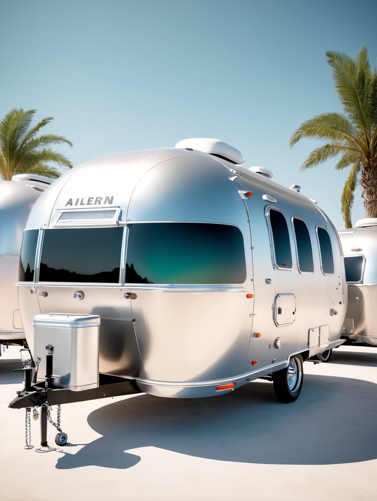Futuristic alien Airstream camping trailers, steampunk and neon, cyber technology