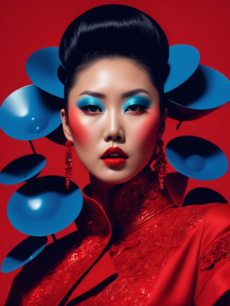 asian, avant-garde, photoshoot spread, dressed in all red, club night, bizarre, cover, party, hyper realistic
