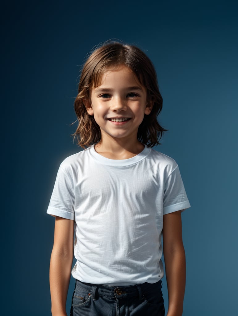 a boy and girl wearing white t-shirts, standing in front of blue background, blank shirts no print, 16 years old smiling toddlers, photo for apparel mock-up