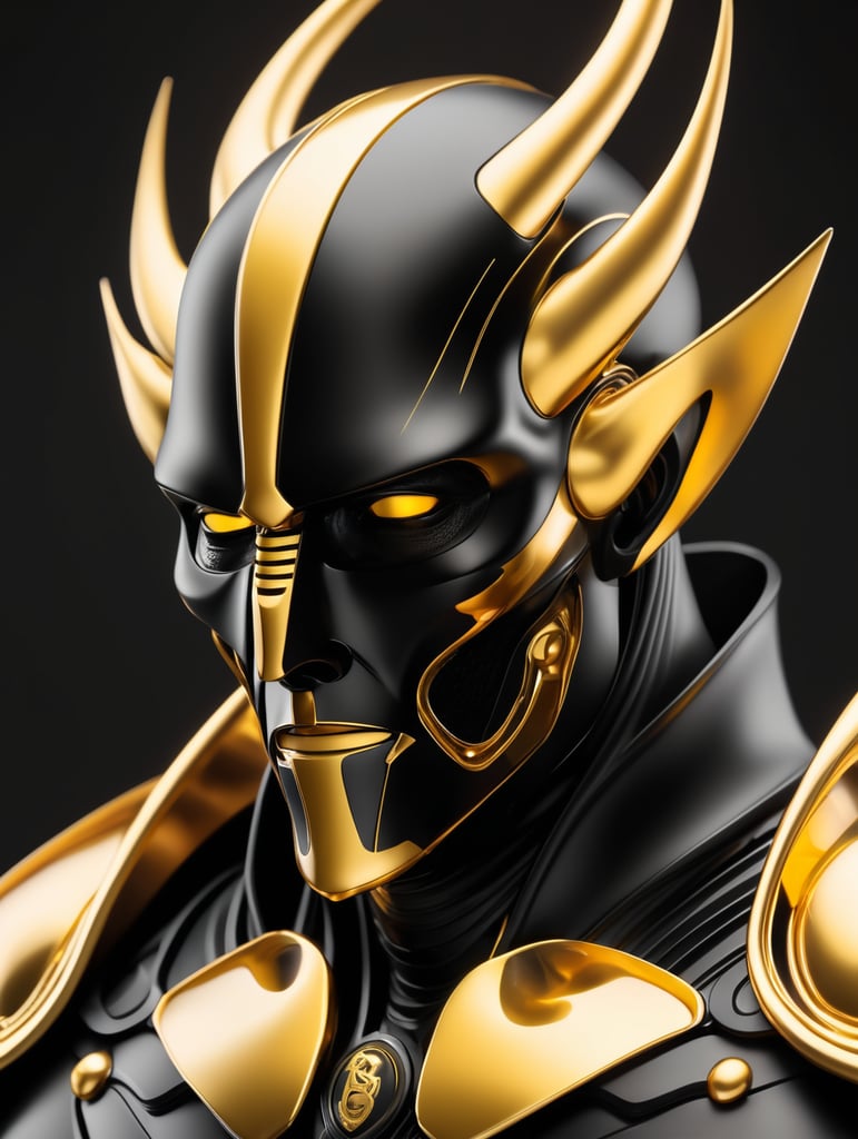 Matte black and gold shiny biotech sith lord, gold on black, octane render, translucent, transparent, realistically detailed, soft light, evoking, liquid shapes, vibrant color palette, biomorphic