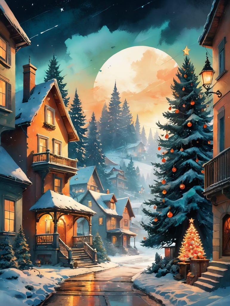 christmas card, santa claus in the foreground, christmas tree, fairytale houses, atmosphere of christmas and joy, sky strewn with stars. the postcard was made in the 60s