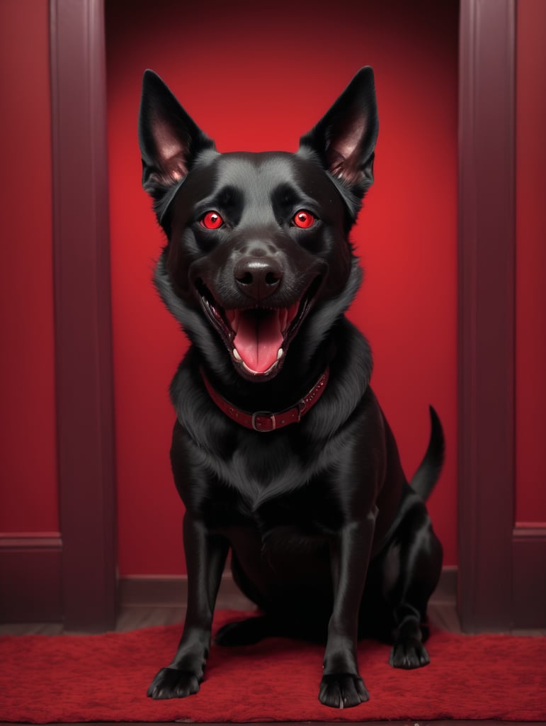 Creepy black dog in a dark and red room,smiling with sharp teeth and full red eyes