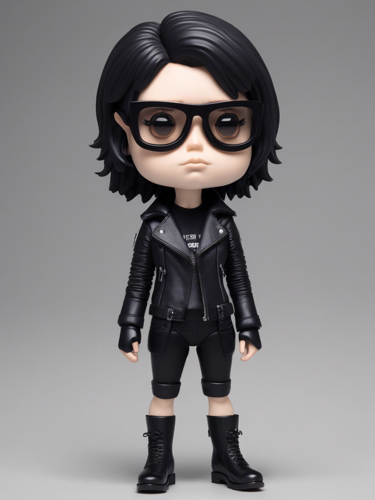 Full body Plastic figurine of a brutal chick, black glasses, leather jacket, black boots, 3d octane render, funko pop,