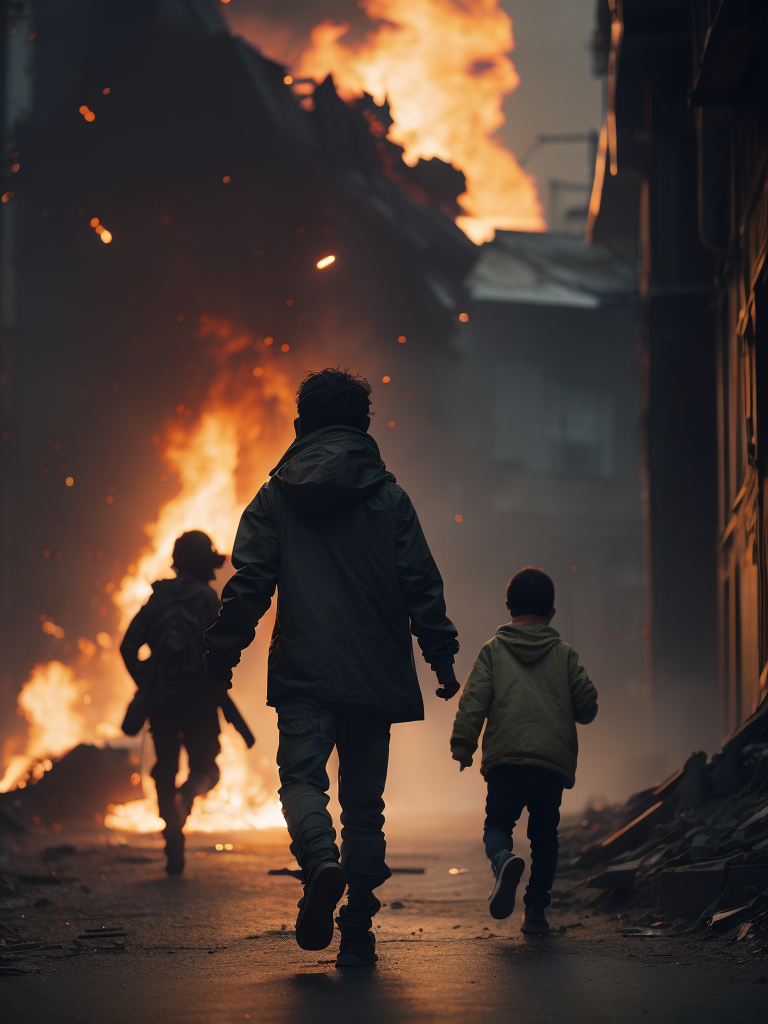 hyper-realistic, ultra-detailed of a scared palestinian kids running from big fire explosions of the house in the background, depth of field, sunlight fractal details, depth of field, HOF, hall of fame, apocalyptic environment, trending on Artstation, 64k, ultra-detailed, ultra-accurate detailed, surrealism, dark, dust, sparks, apocalypse