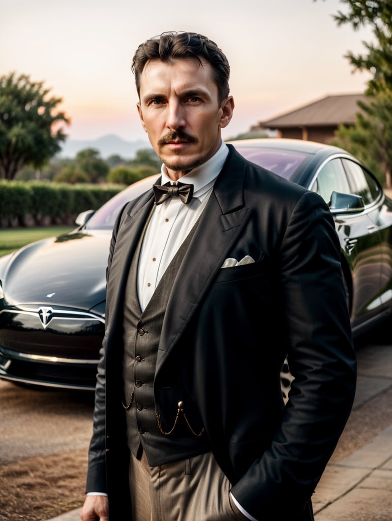 Nikola Tesla looks directly into the camera, with a Tesla car standing behind him.