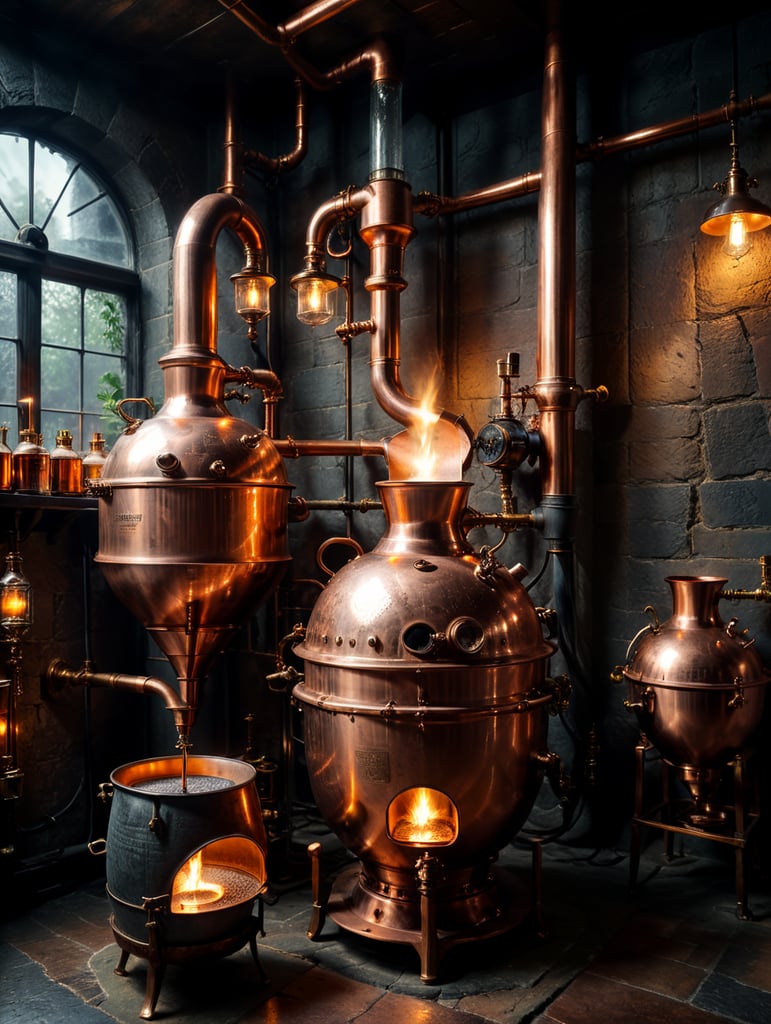 Close-up of a Copper distillation unit alembic, candles on the walls, Dim antique room for whiskey production, herbs and hops, old master sitting on a chair