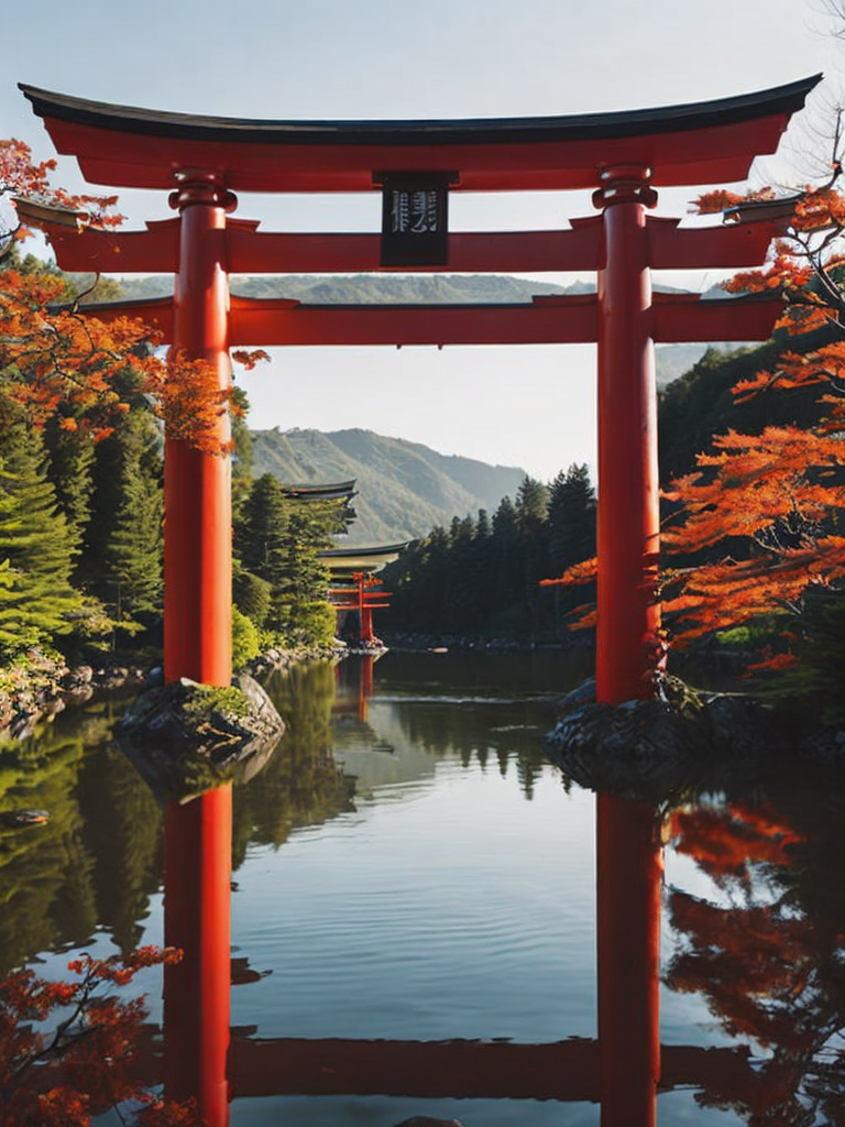 Red torii gate in middle of a lake, Dense forest on the edge of the lake, Bright and saturated colors, Japanese culture, photorealistic, contrast light