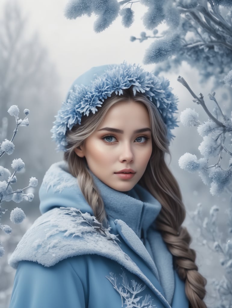 realistic real 8K, 3D, winter background beautiful girl in blue winter coat frozen flowers and hoarfrost branches