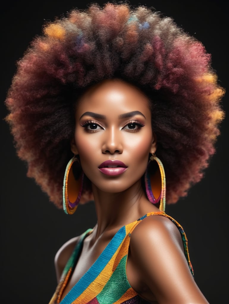 Mujer africana con peinado afro bailando, sesión de moda, sólo cara, fondo negro, fotografía de estudio, portada de revista, colores ultra brillantes