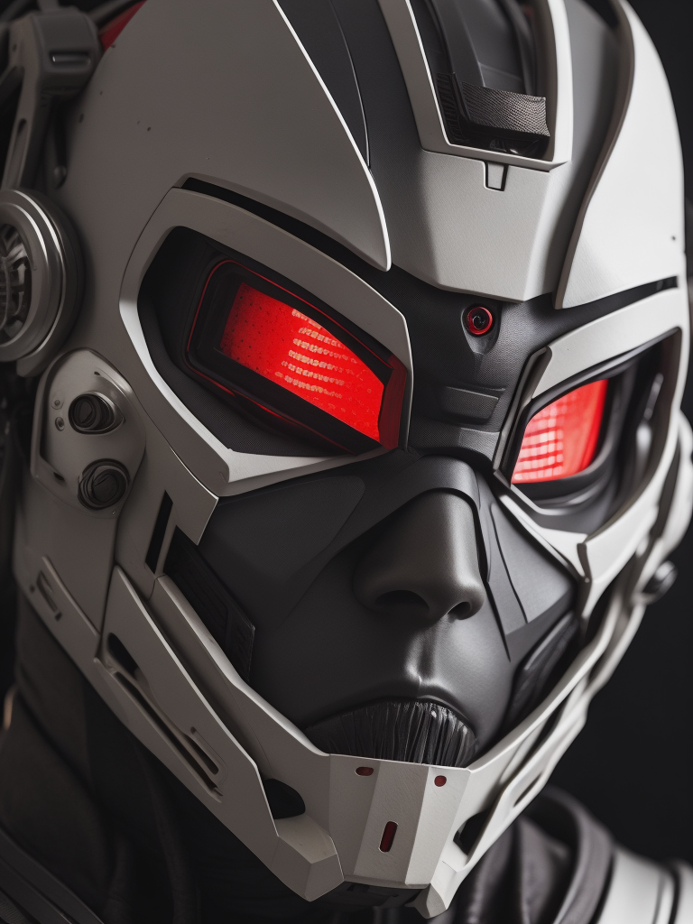 an android wear a mask that is white with red eyes, in the style of cyberpunk realism, concept art, mecha anime, matte photo, distinctive noses, realistic chiaroscuro, close-up