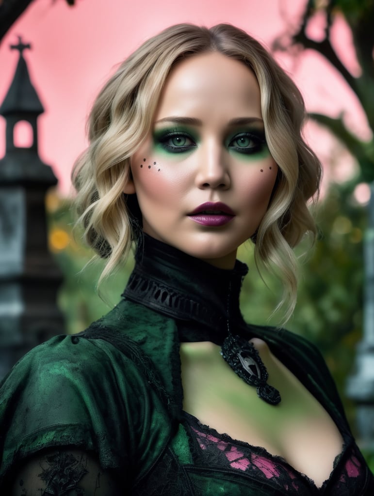 Portrait of Jennifer Lawrence in a sinister costume for Halloween, scary makeup on his face, dark atmosphere, vintage style, green and pink colors, highly detailed photo, professional photo, against the backdrop of an old creepy cemetery, contrasting light, bright colors
