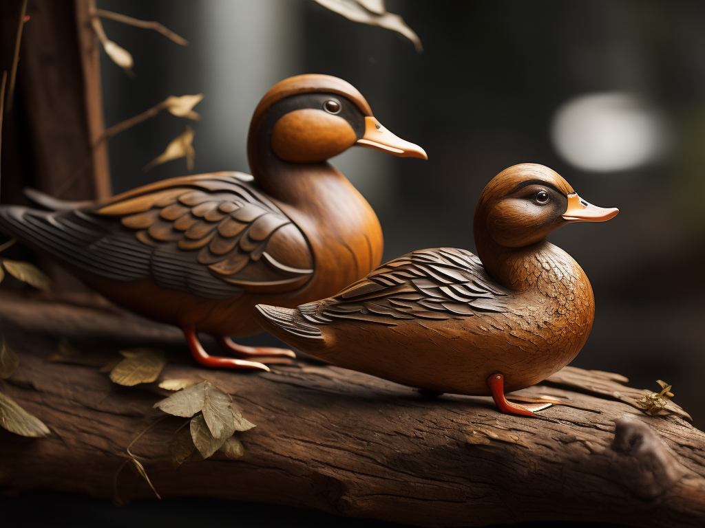 a deep carved wooden duck, sharp on details