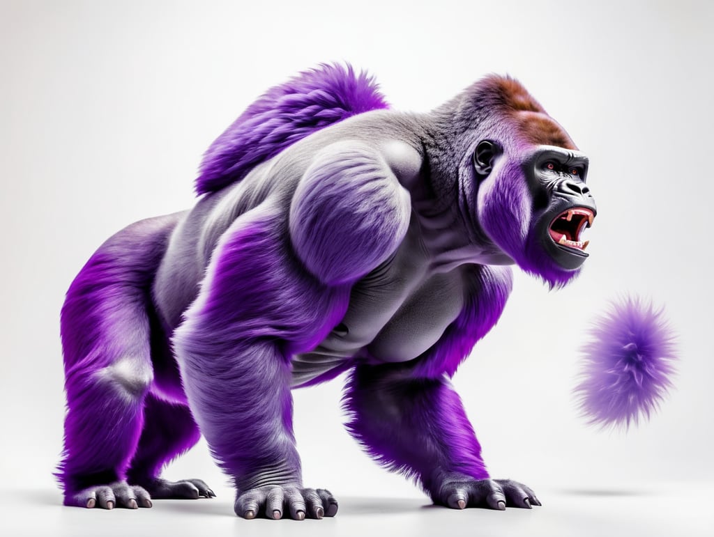 A wide shot of a purple gorilla with lots of other colours shouting on white background