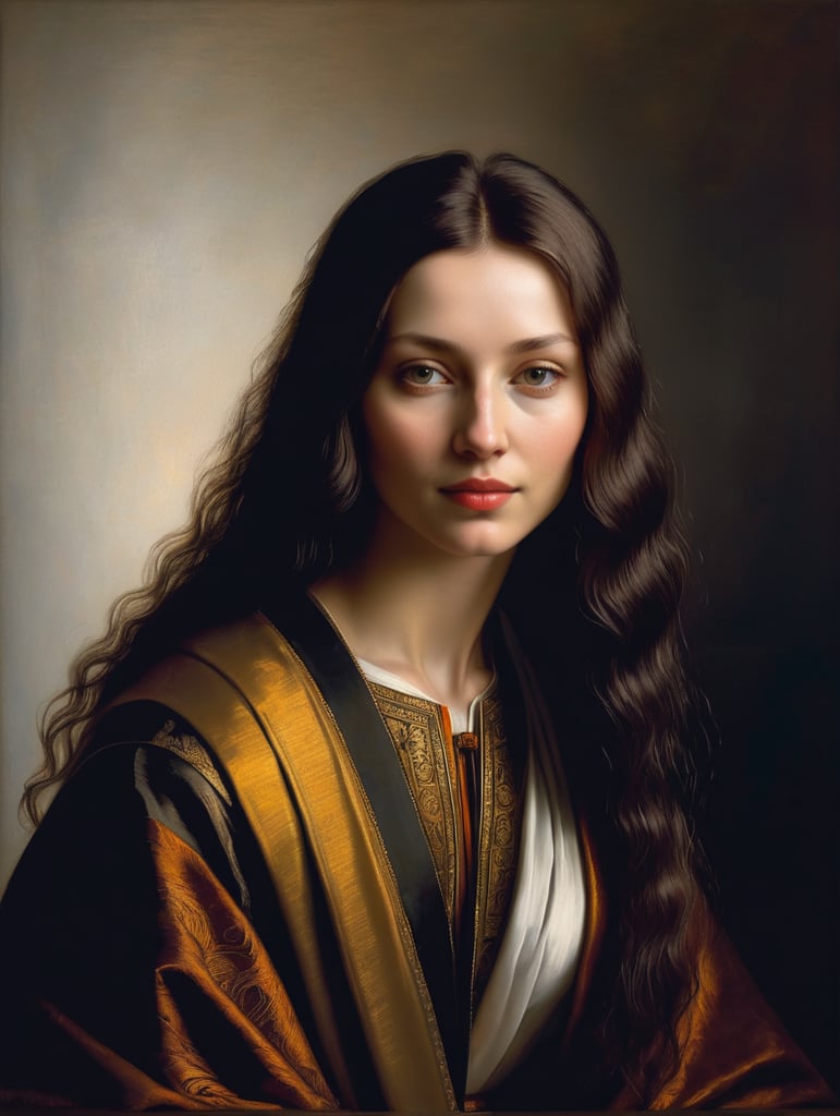 A masterpiece portrait by Rembrandt Van Rijn of a beautiful saint woman, straight hair