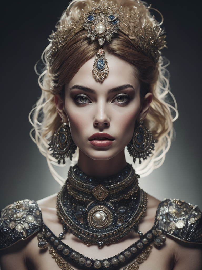 retrofuturistic massive huge jeweled necklace with huge diamonds and jewels on interplanetary interspecies male robot monster, horrific, terrifying, scary, mean. many spirder eyes, huge big jewel encrusted clothing, big pearls, precious gems. The set design is bold geometric patterns photographed by Romina Ressia, film still from wes Anderson, Gucci, Versace, givenchy, medium shot fashion, award winning photography, arty pose, fashion, diaphanous layered ultra haute couture, high definition, high resolution, bold vibrant colors , volumetric lighting, 8k, 3d render