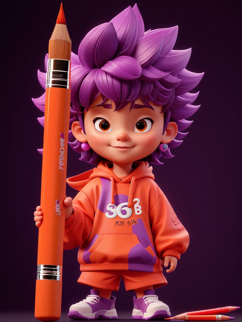 3D streetwear child character with brush and pencil inside 3d editor interface, paint curves at the black background, red and orange and purple colors